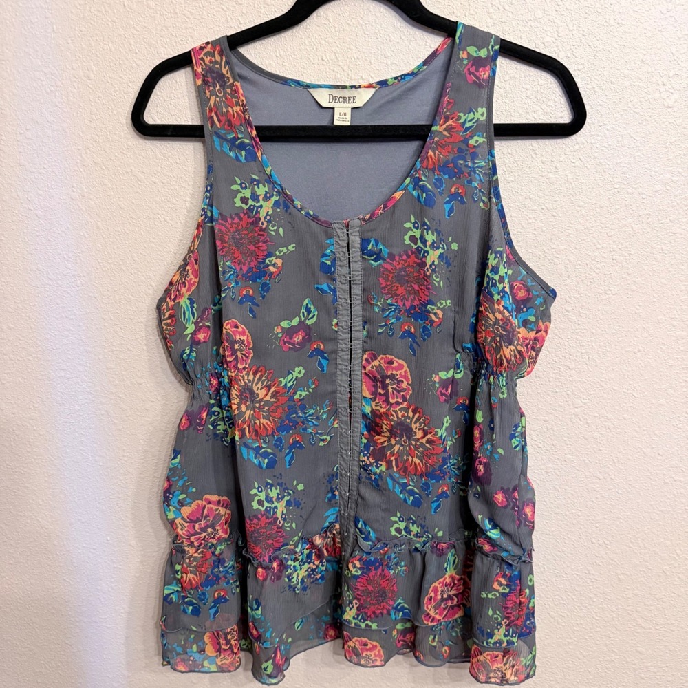 Decree Women Floral Peplum Tank Top Gray Multi Color Hook Eye Racerback Large